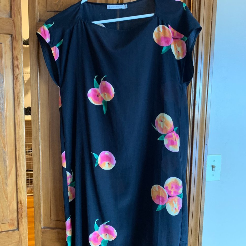 black silk shift with  colorful "pears" design and capped sleeves